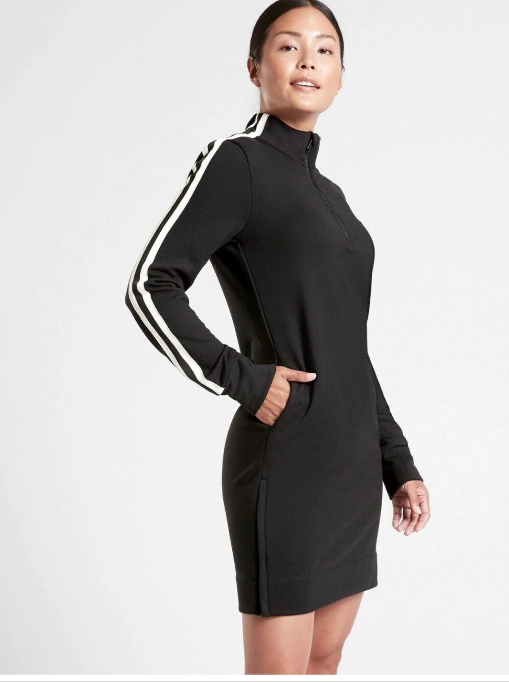 Athleta Black Circa Track Sweatshirt Dress Arm Stripes Post Workout Athleisure M